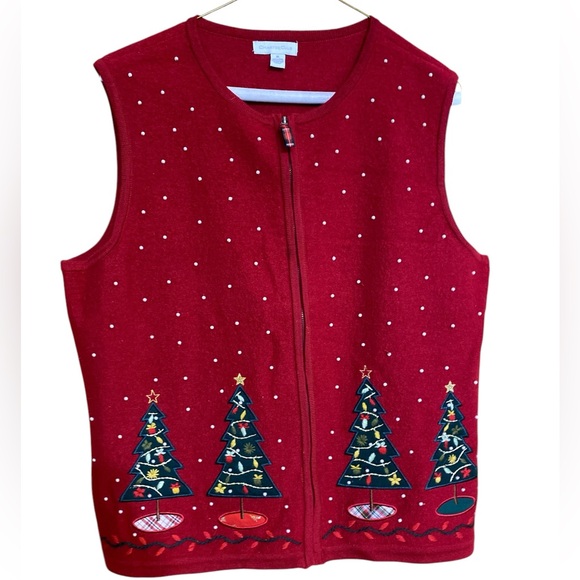Charter Club Jackets & Blazers - Charter Club red wool beaded Christmas Tree sweater vest woman XL
